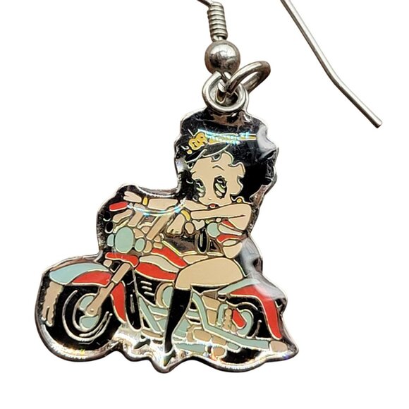 Betty Boop Motorcycle Dangle Earrings By NJ Croce Co Silver Tone Enamel Design - Picture 2 of 6